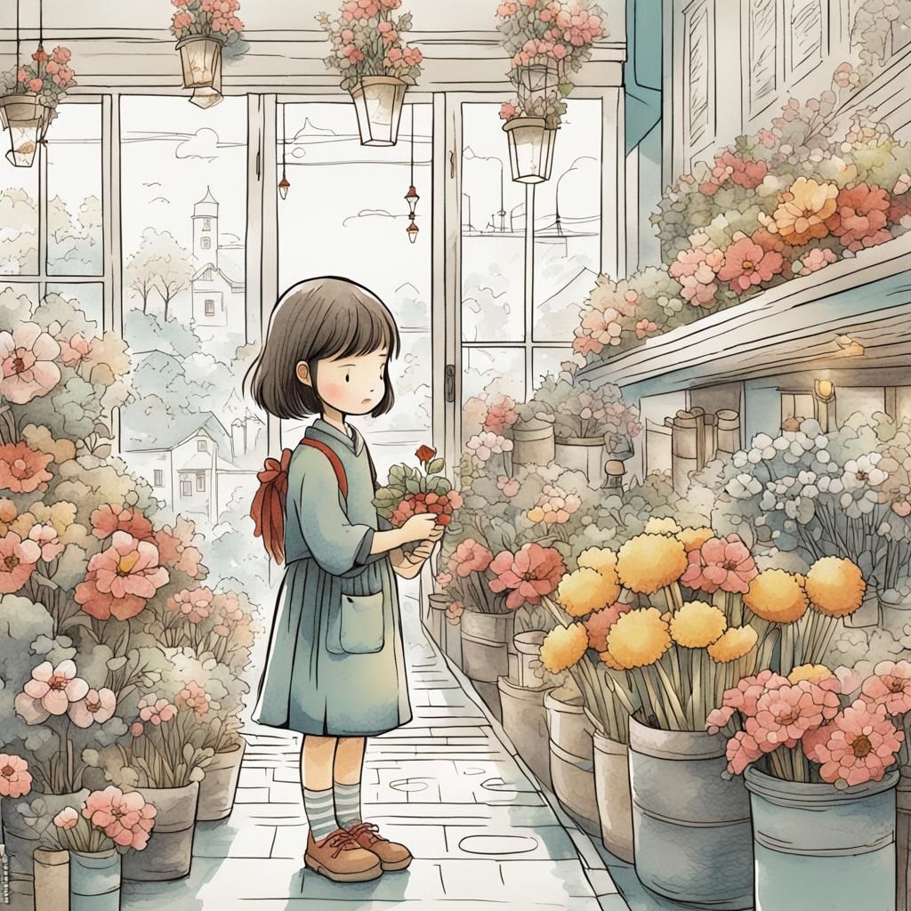 Florist Girl in Children's Storybook Watercolor Style