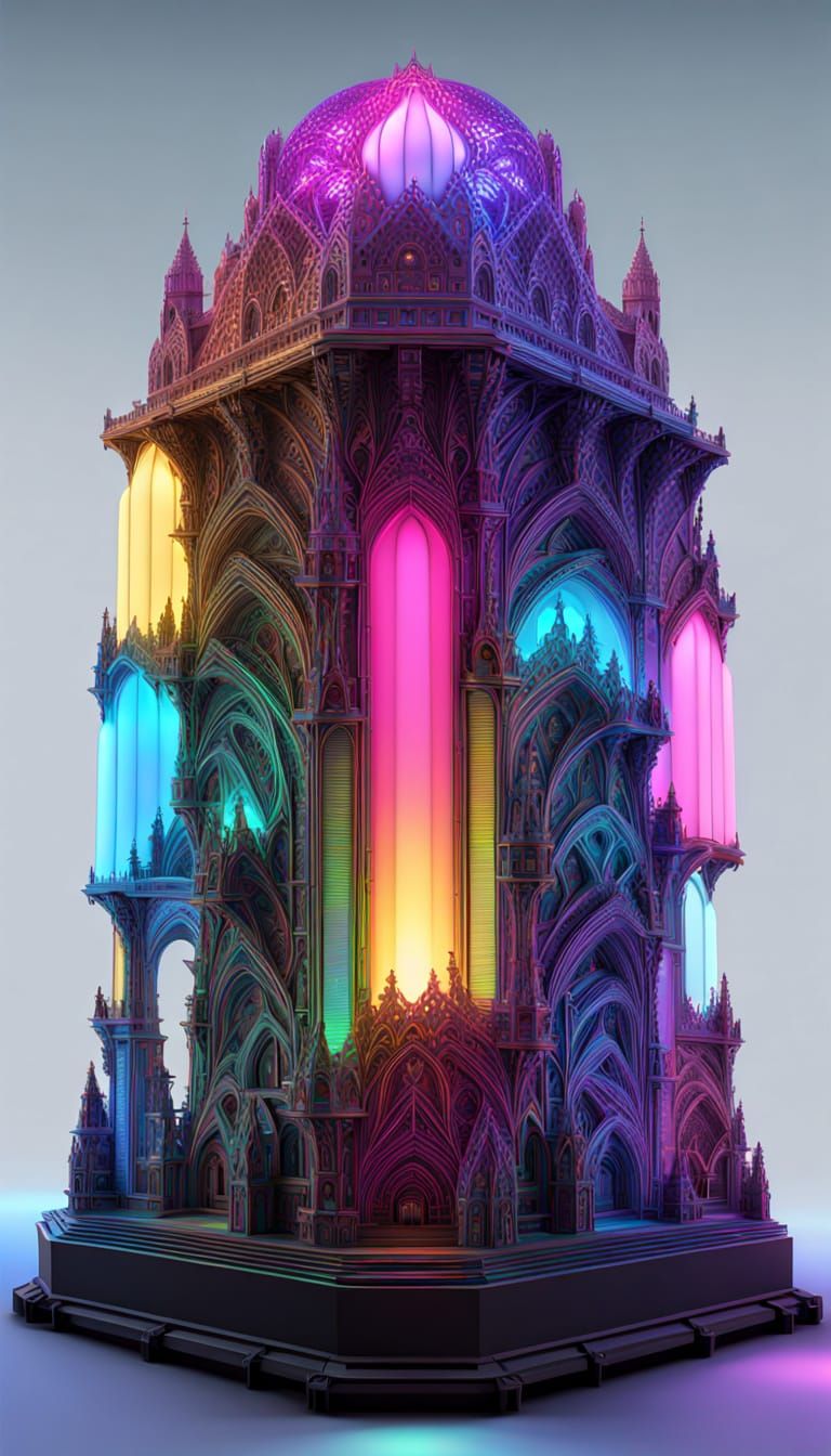 Massive Gothic Cathedral of Neon Rainbow Glass
