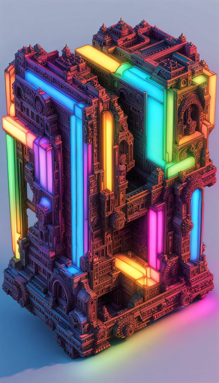 Massive Neon Glass Gothic Cathedral with Stained Glass Windo...