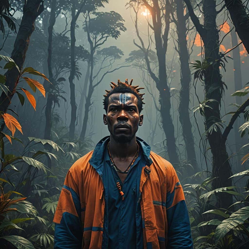 Fierce African Man in Mystical Jungle, Digital Art