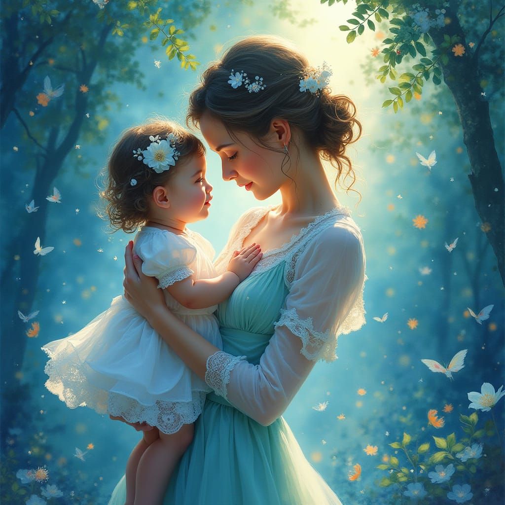 Mother and Child in Enchanted Ethereal Landscape