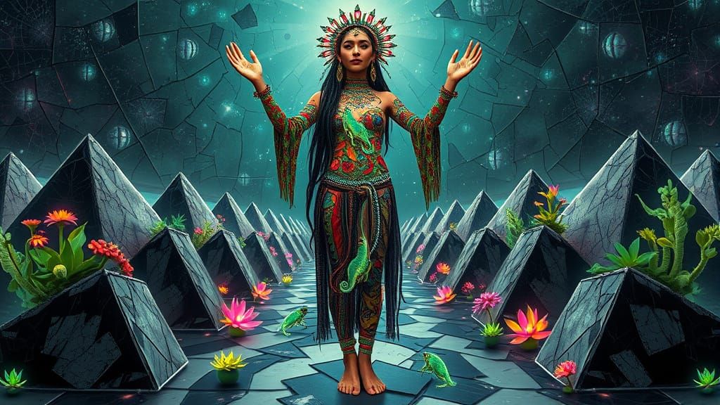 Surreal Bio-Art Goddess Among Shattered Pyramids