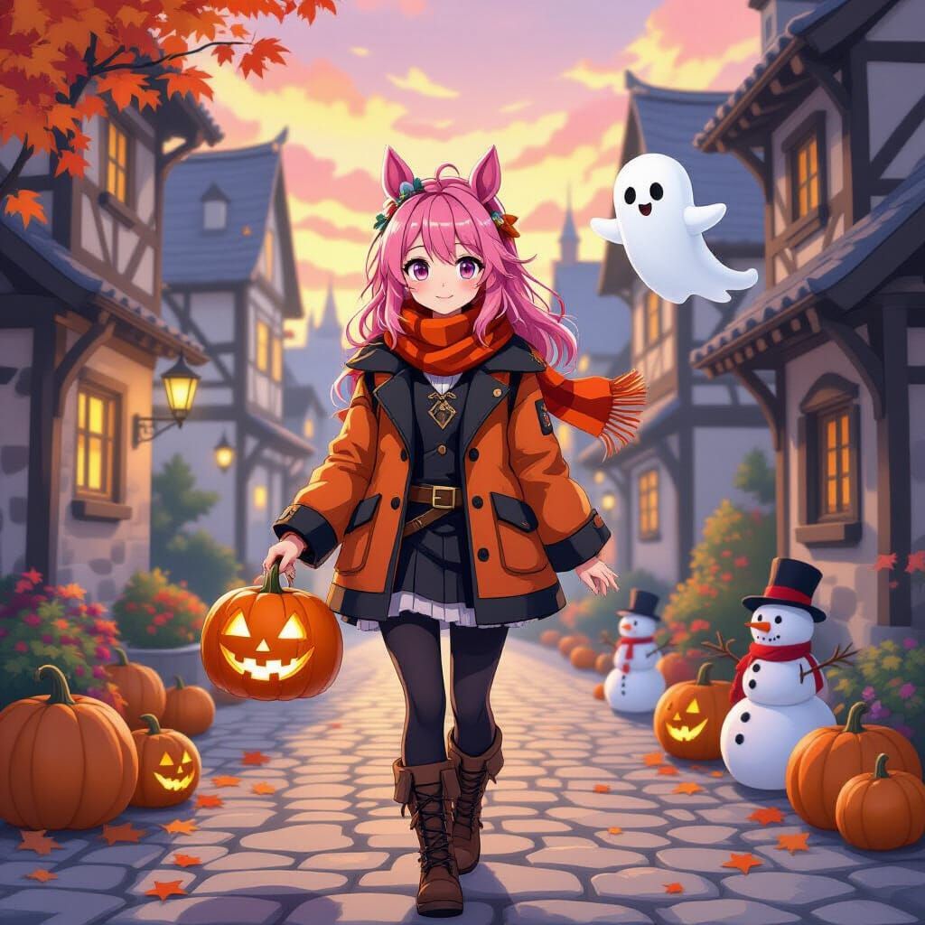 Anime Girl with Pink Hair and Horse Ears in Medieval Town