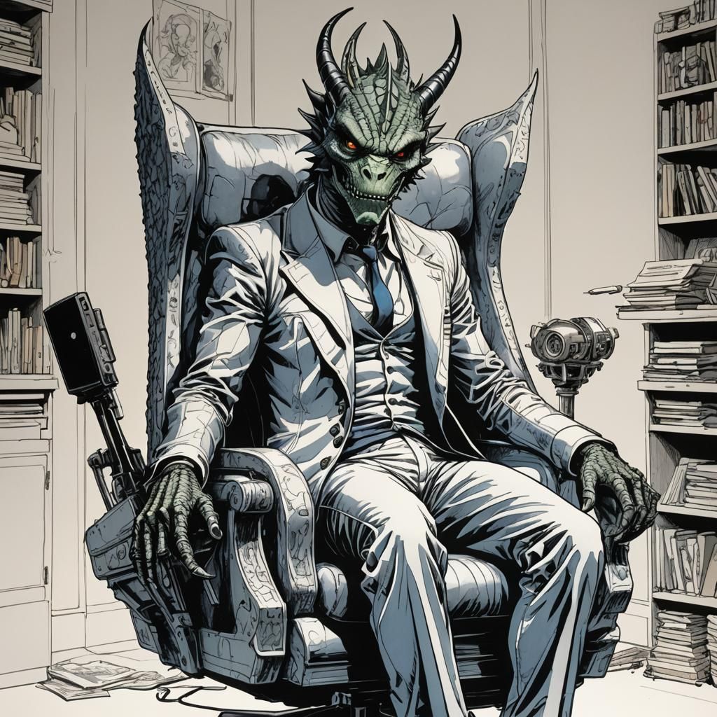 Humanoid Dragon in Chair, Pen and Ink Comic Style