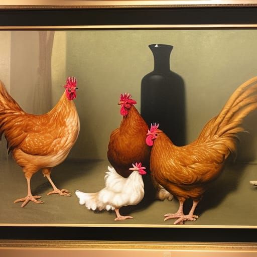 Chickens Plotting in Cafe, Painterly Style