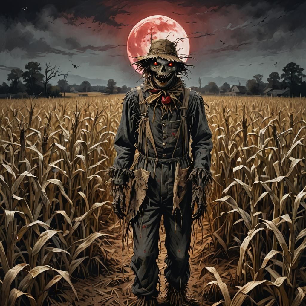 Eerie Scarecrow Under Red Moon in Cornfield