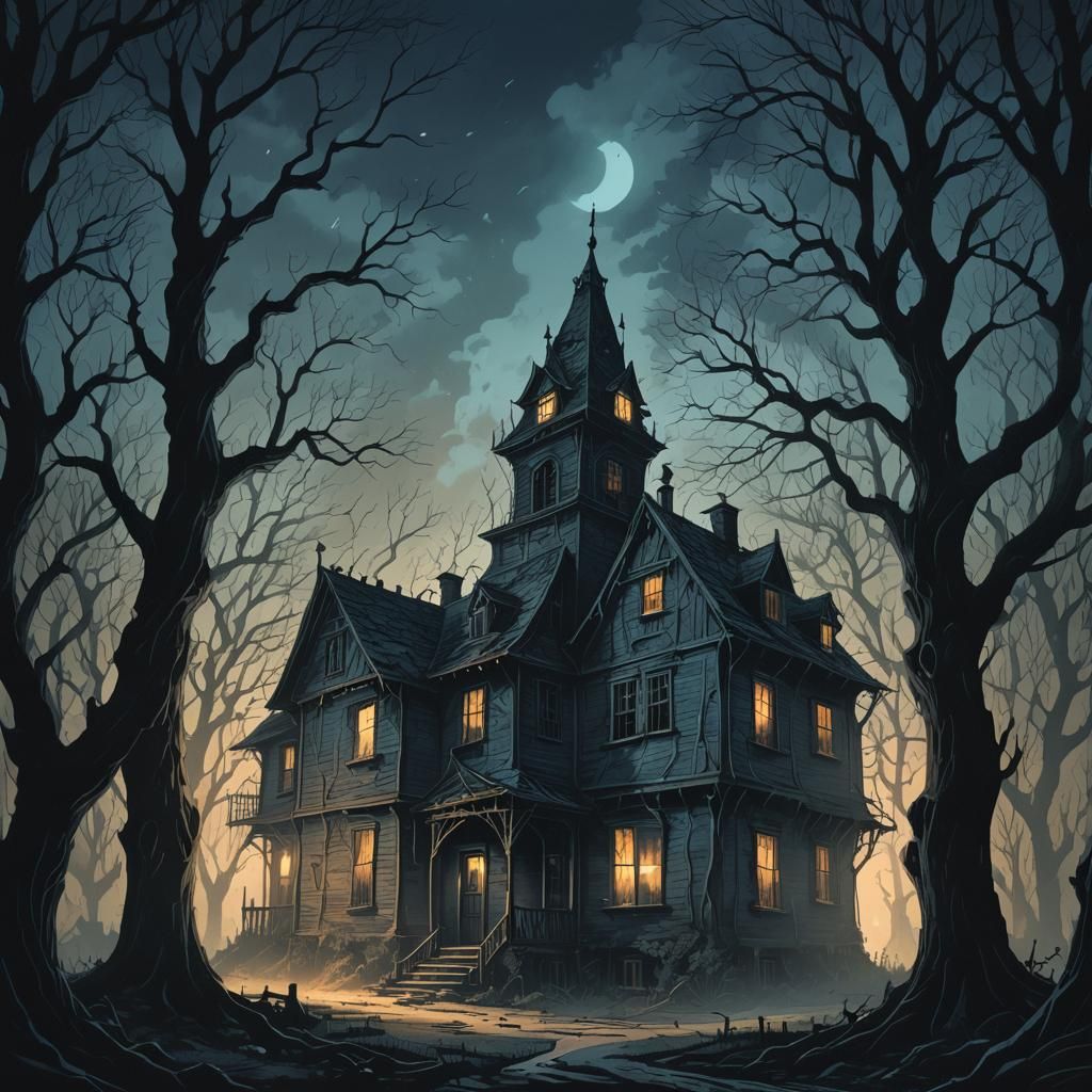 Eerie Gothic House Whispers Secrets in Dark Fantasy Illustra...