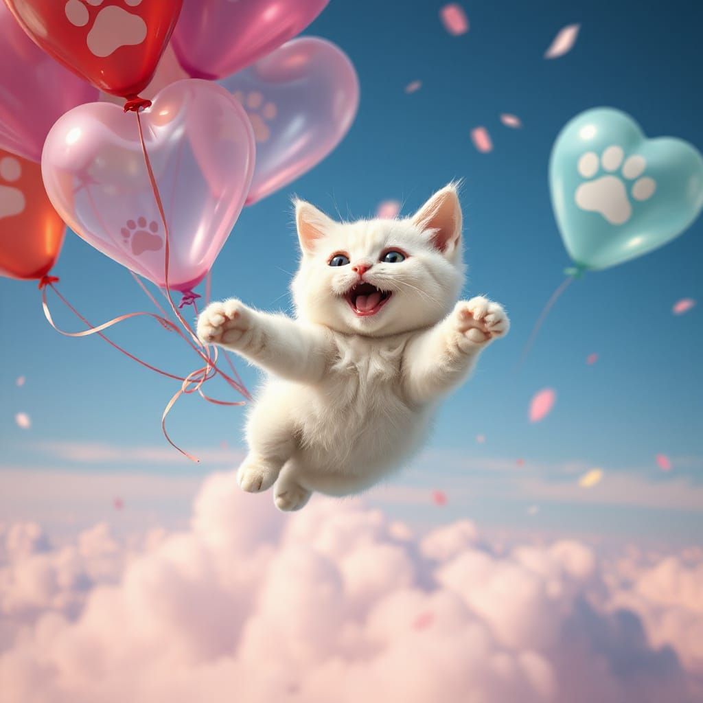 Joyful Chibi Cat's Flight with Heart Balloons