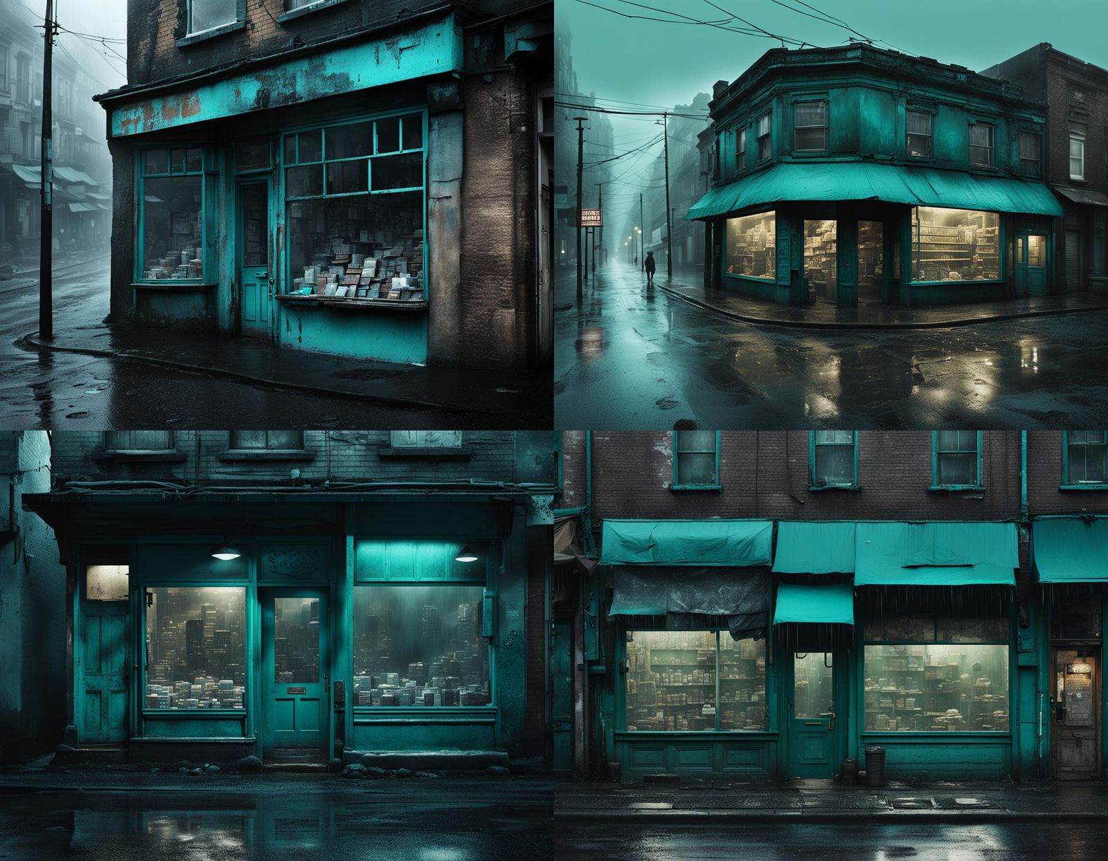Dystopian Left-Handed Shops in Rainy Teal Atmosphere