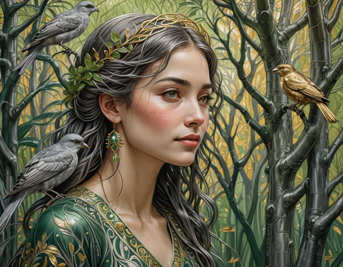 Art Nouveau Woman with Bird, Hyperrealistic Digital Art