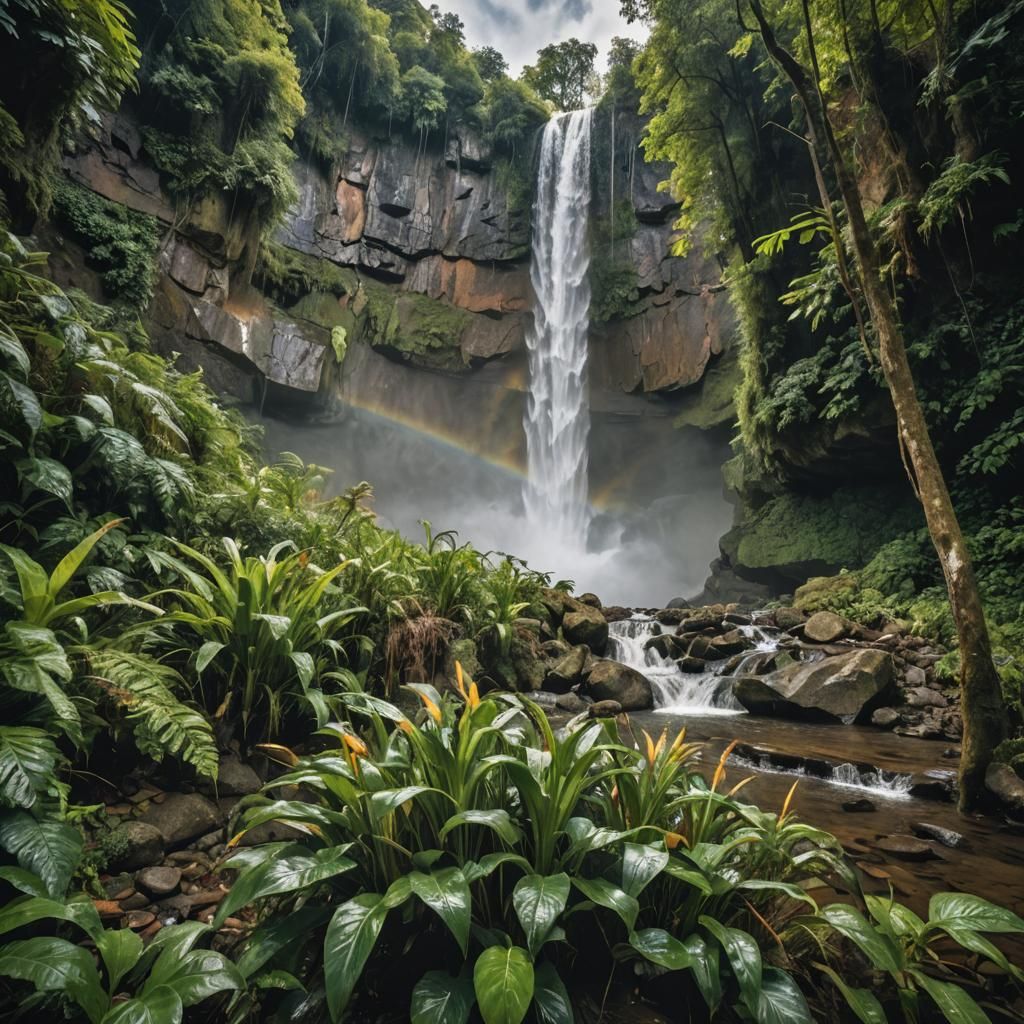 Lush Tropical Waterfall with Rainbow Mist