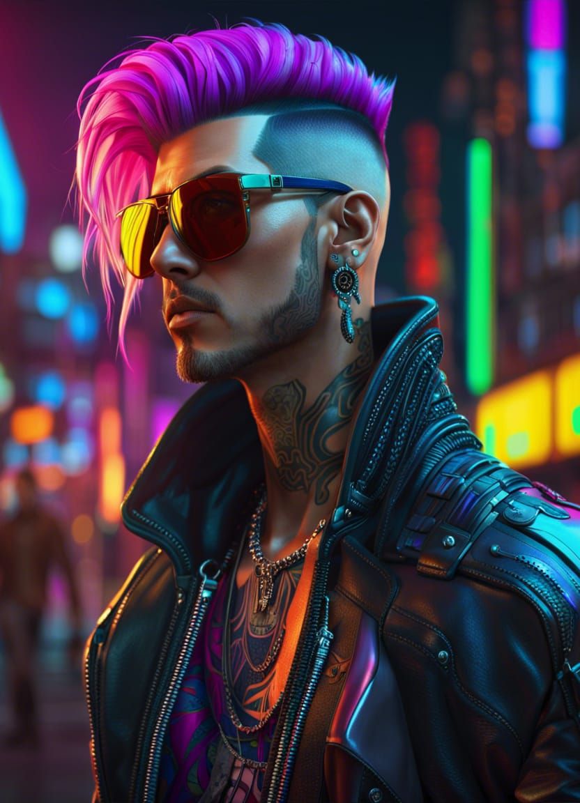 Cyberpunk Man with Tattoos and Neon Cityscape