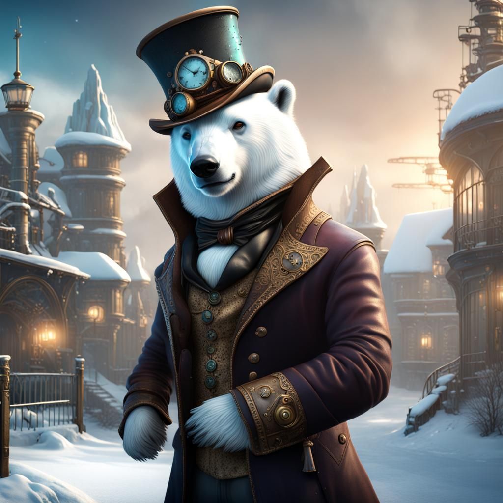 Steampunk Polar Bear in Winter Wonderland