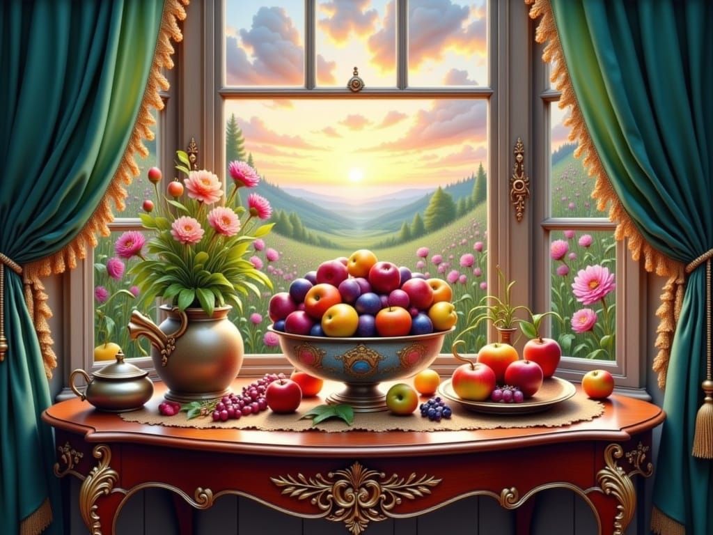 Vibrant Still Life of Fruit in a Cozy Bay Window