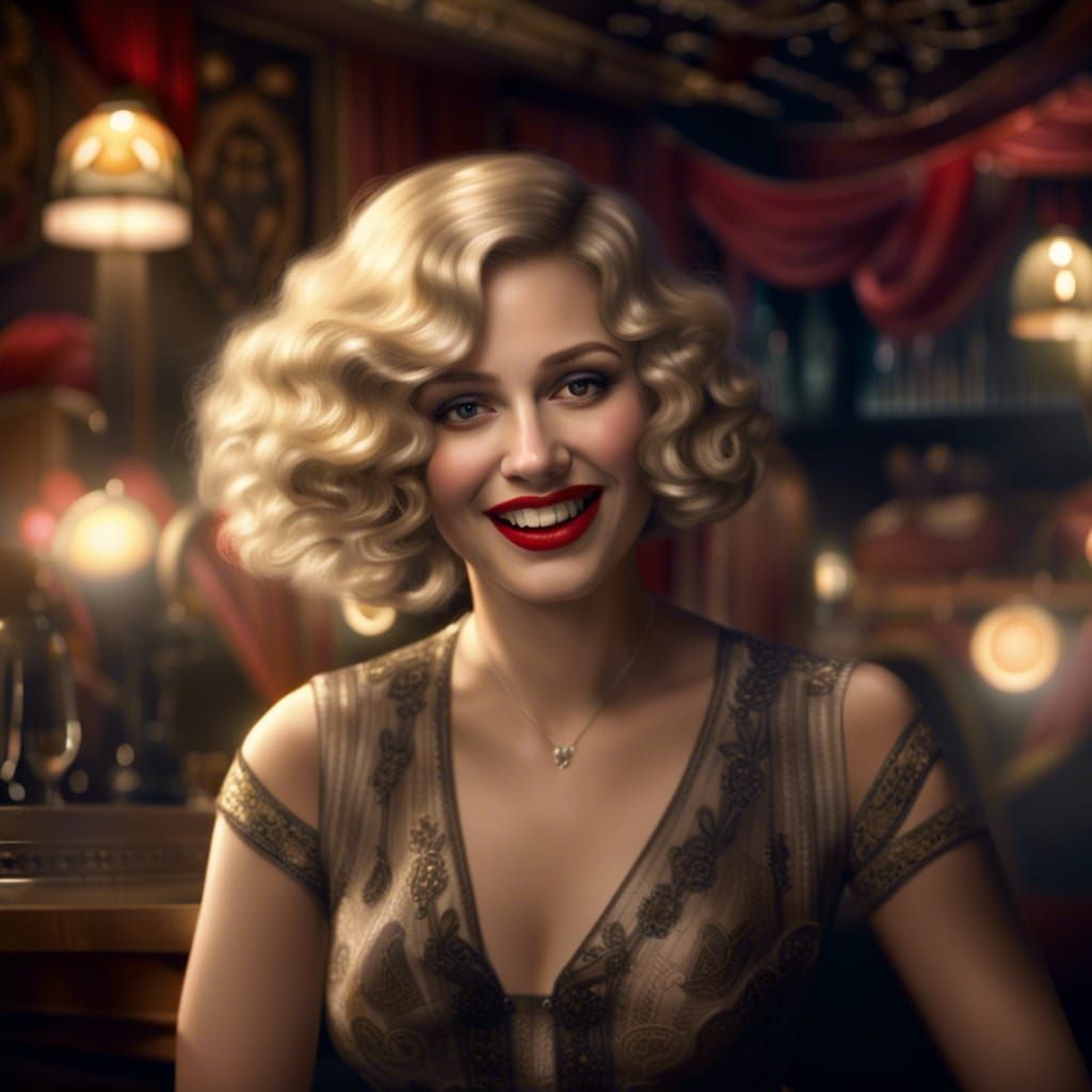 Mischievous 1920s Woman in Speakeasy Bar