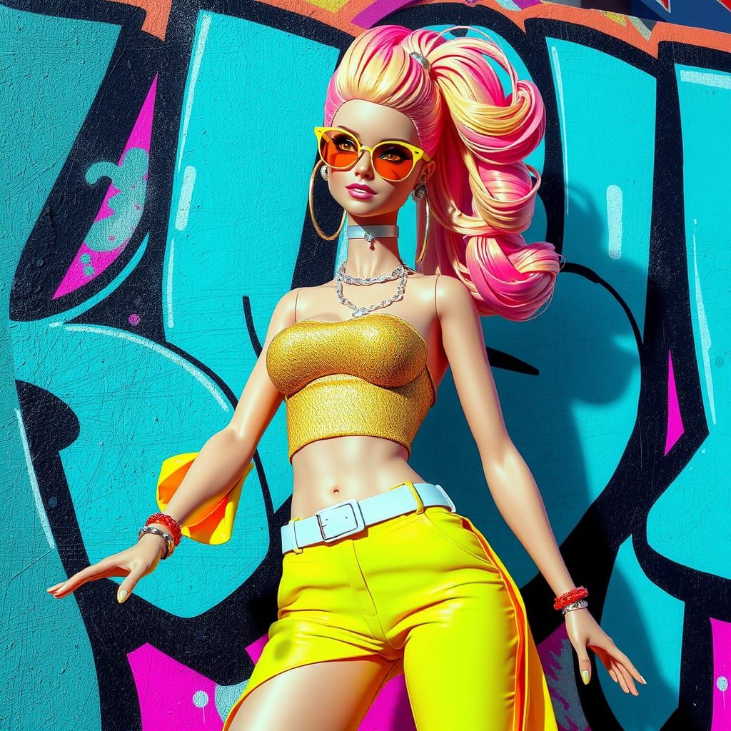 Vibrant CG Girl Posing in Front of Graffiti Art