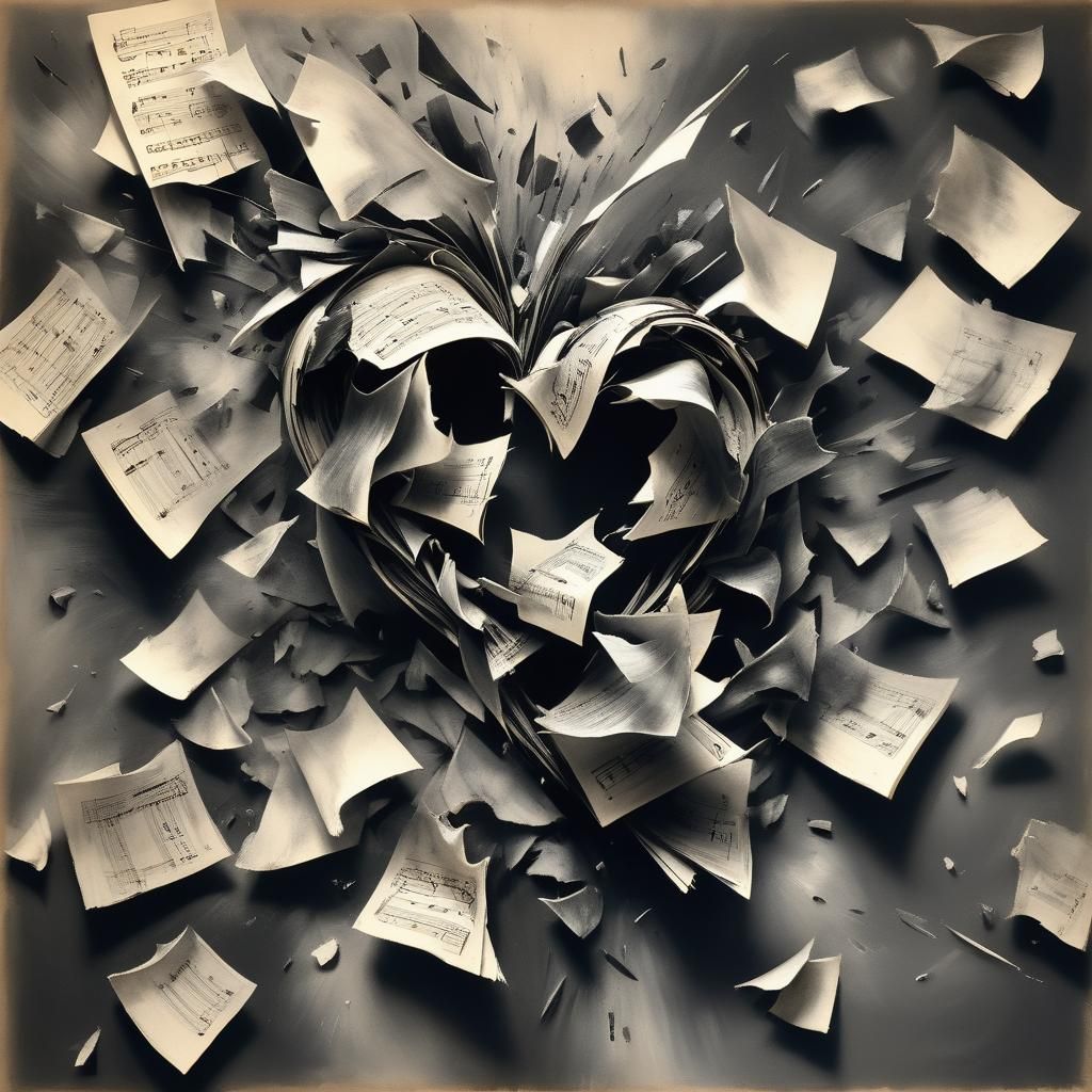 Heart Shatters into Music Note: Charcoal Drawing