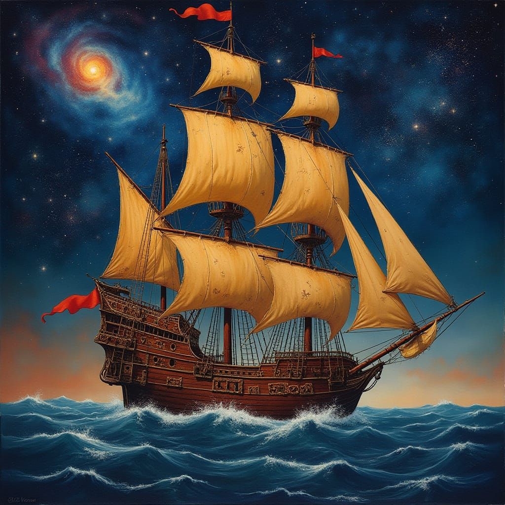 Galleon Sailing Through Starry Expanse in Cosmic Surrealism