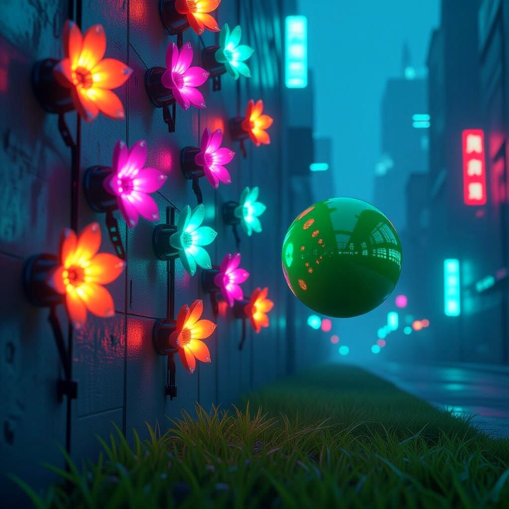 Green Sphere Attends Flower Wall in Cyberpunk Neon Scene