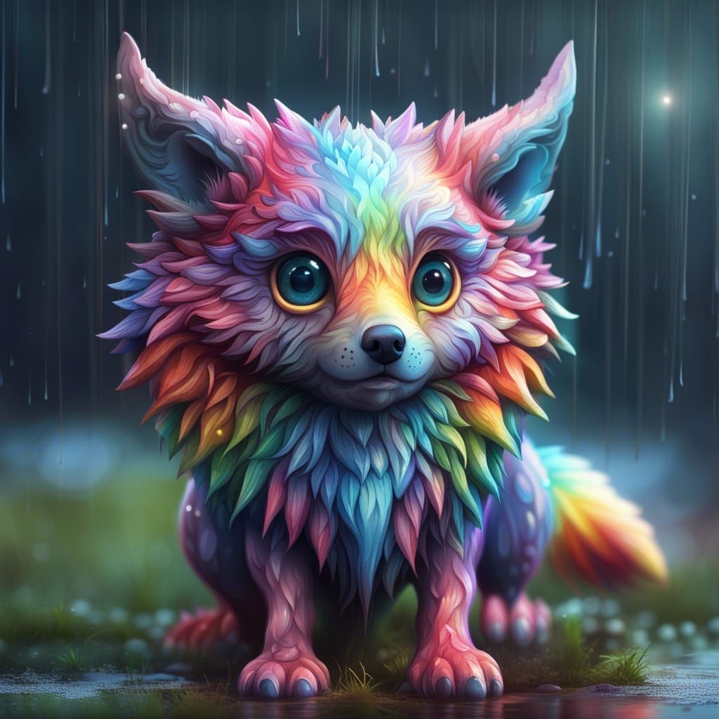 Intricate Cute Wolf in Rain, Fantasy Sci-Fi Art