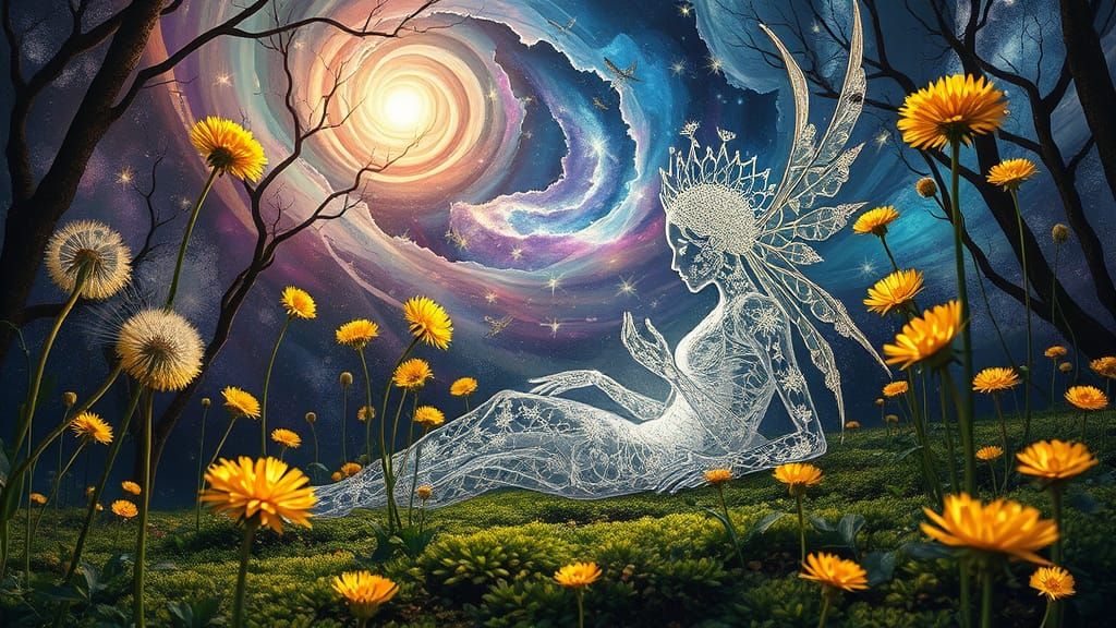 Ethereal Silver Being in Dandelion Field, Bio-Art