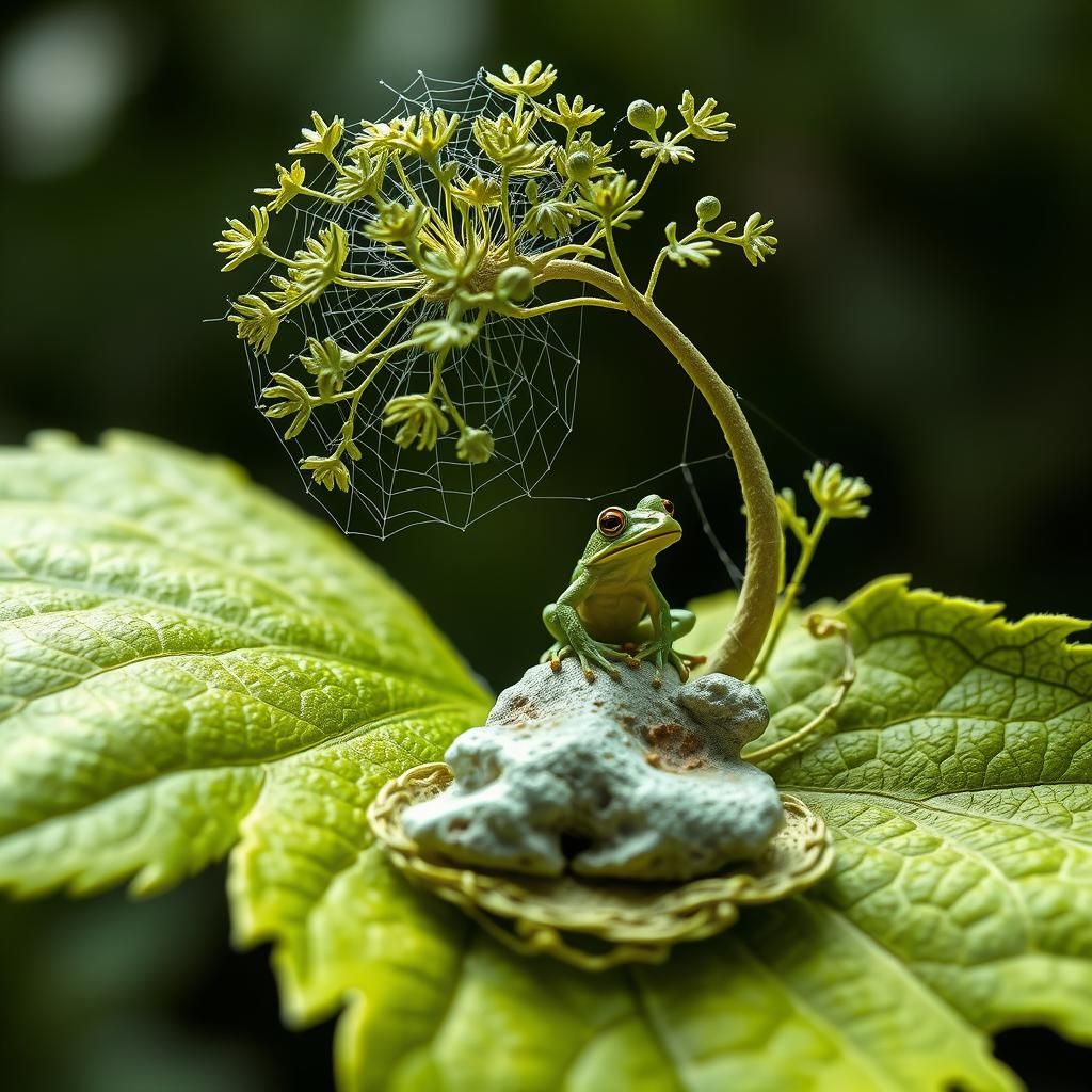 Exquisite Miniature Sculpture on Leaf with Frog