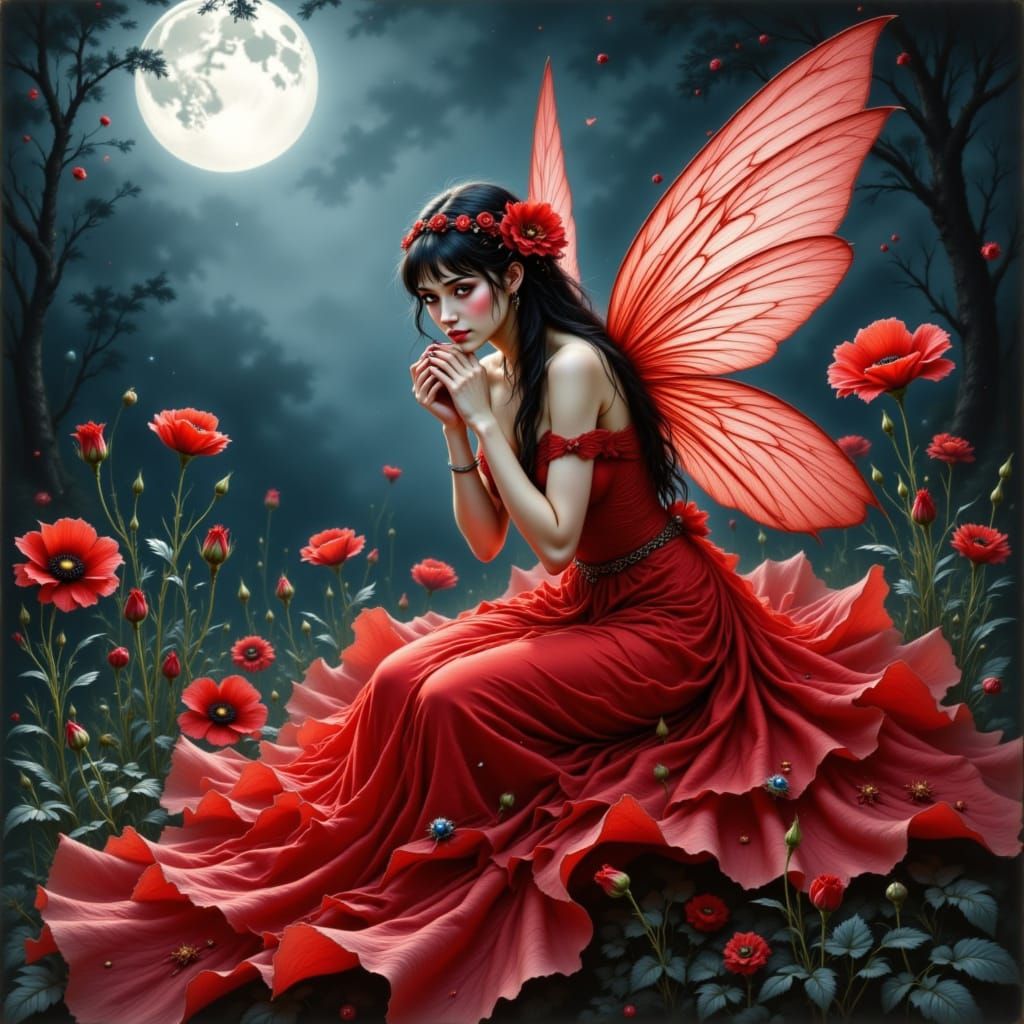 Red Fairy on Rose Petal in Ethereal Moonlight