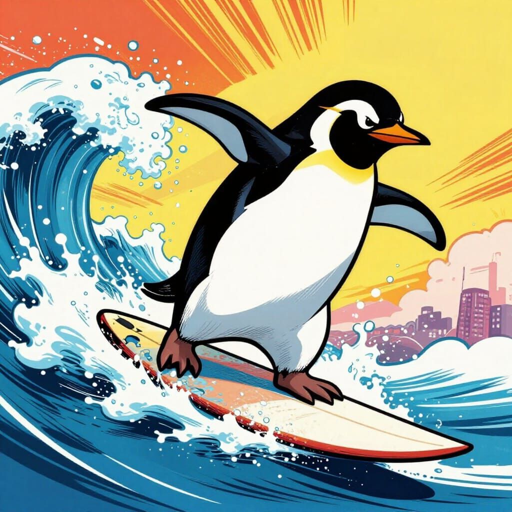 Dynamic Penguin Surfs Waves in Bold Graphic Novel Style