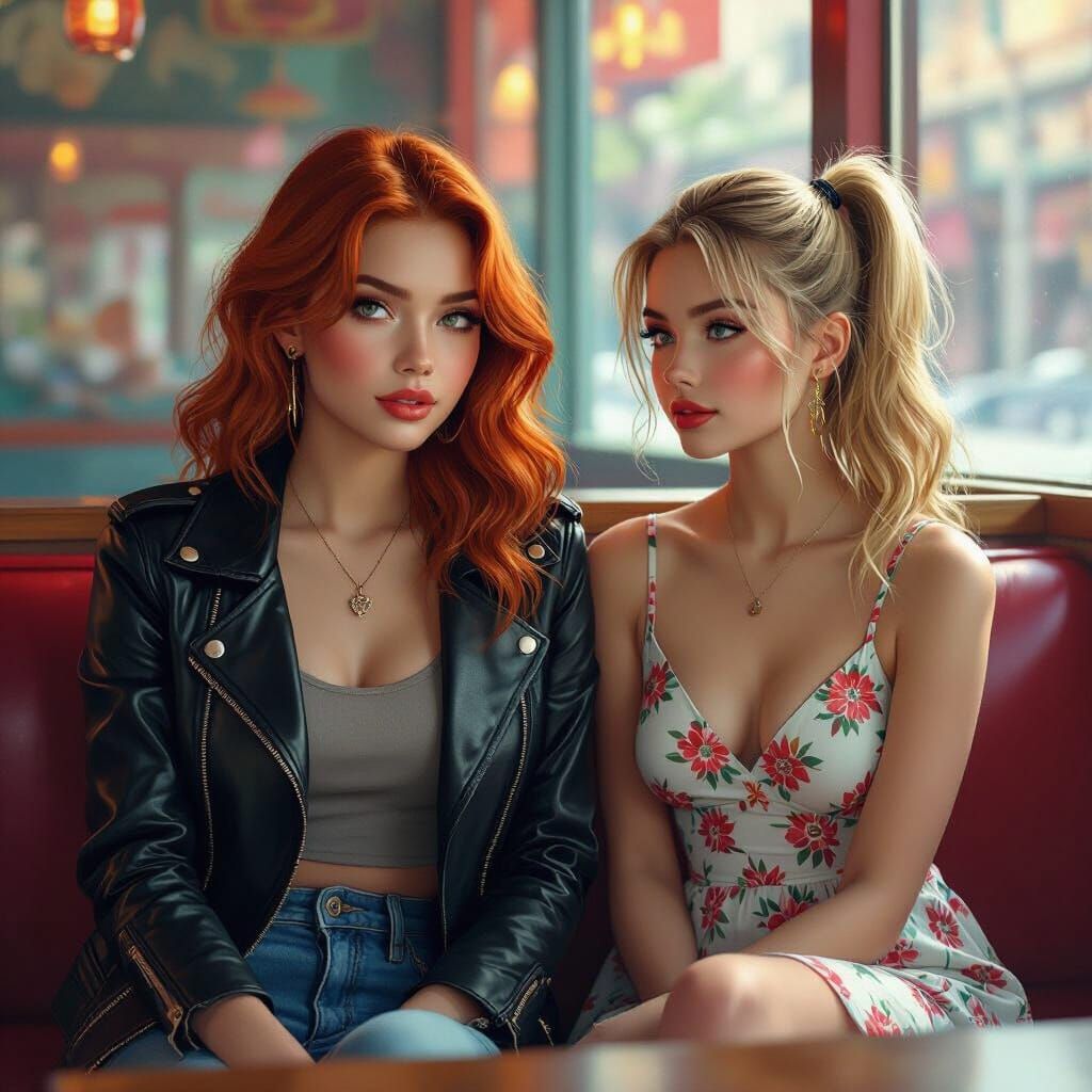 Girls in Cafe Booth, Hyperrealistic Style