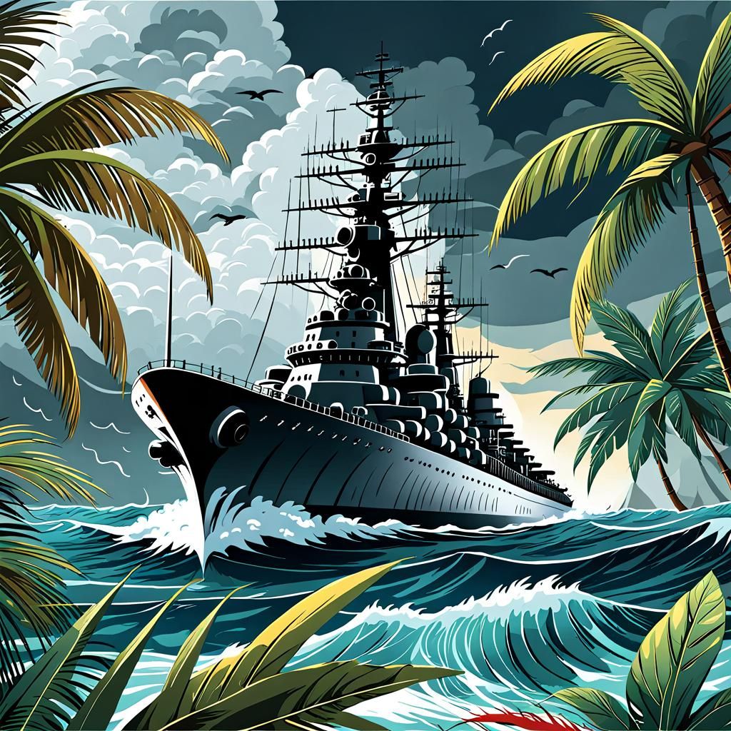 Battleship Amidst Tropical Storm at Sea