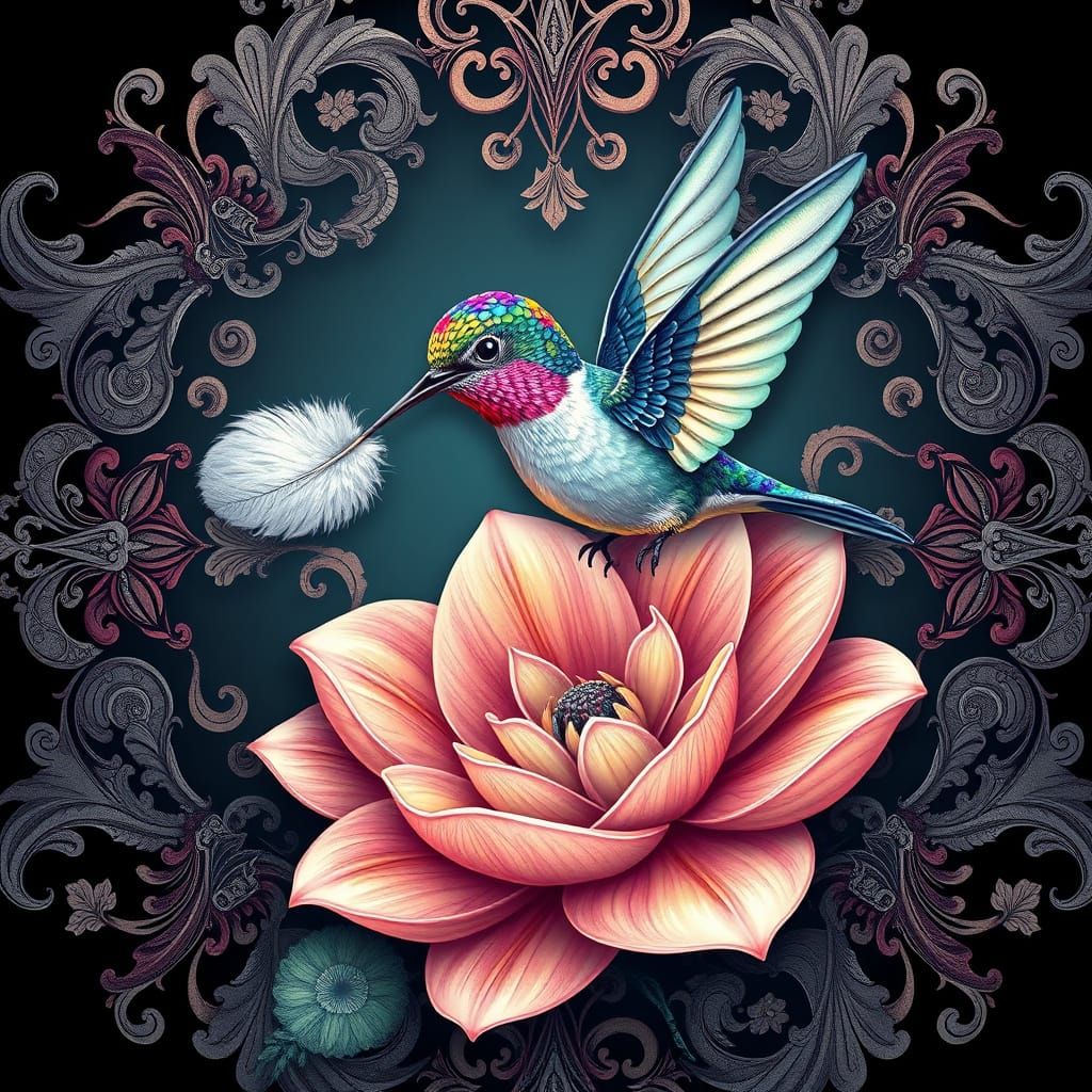 Iridescent Hummingbird with Feather in Rococo Fractal Style