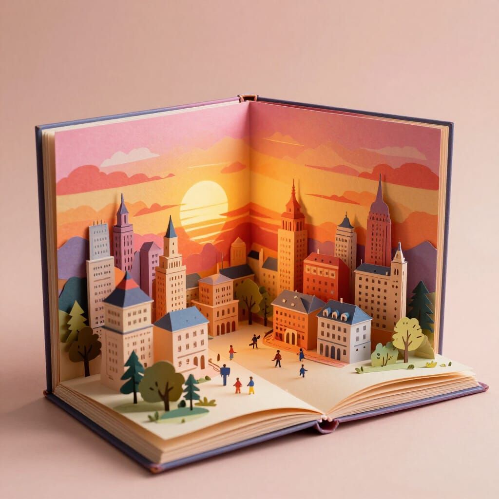 An open popup book of a beautiful city with a miraculous sunrise