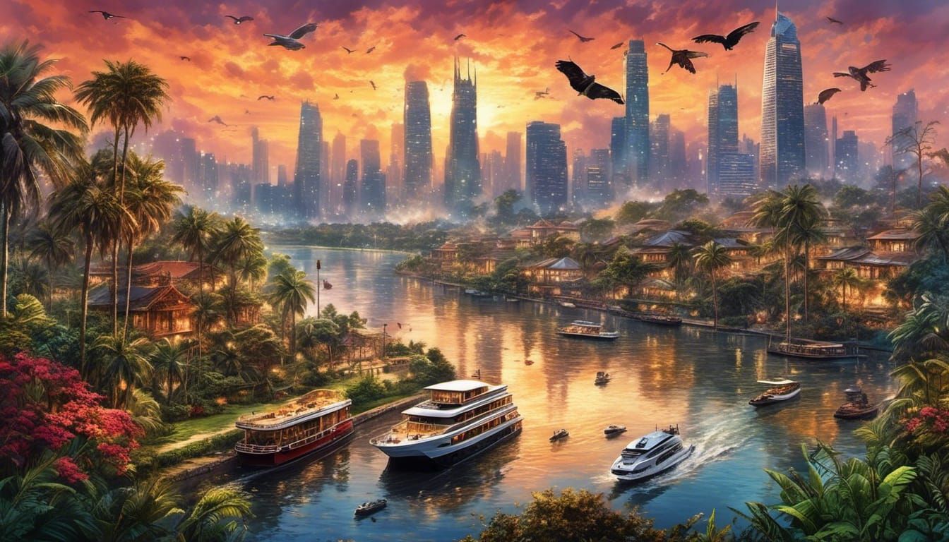 City Skyline Silhouette at Golden Hour in Watercolor