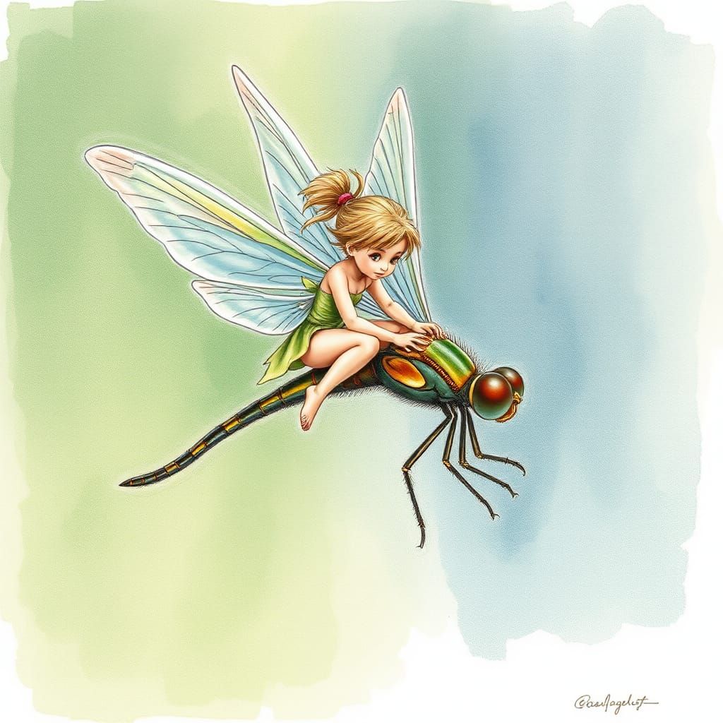 Fairy Riding Dragonfly in Pencil and Watercolor
