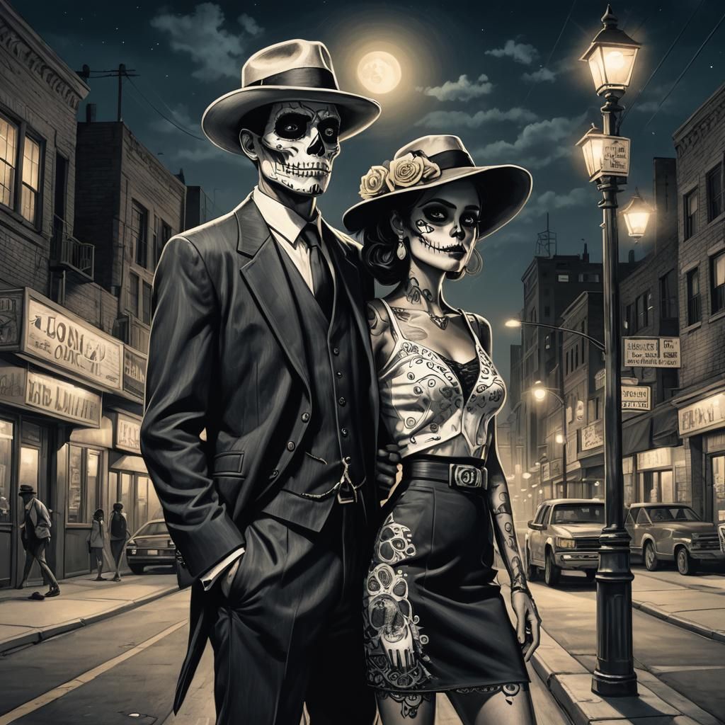 Noir Zoot Suiter and Sugar Skull in Cityscape