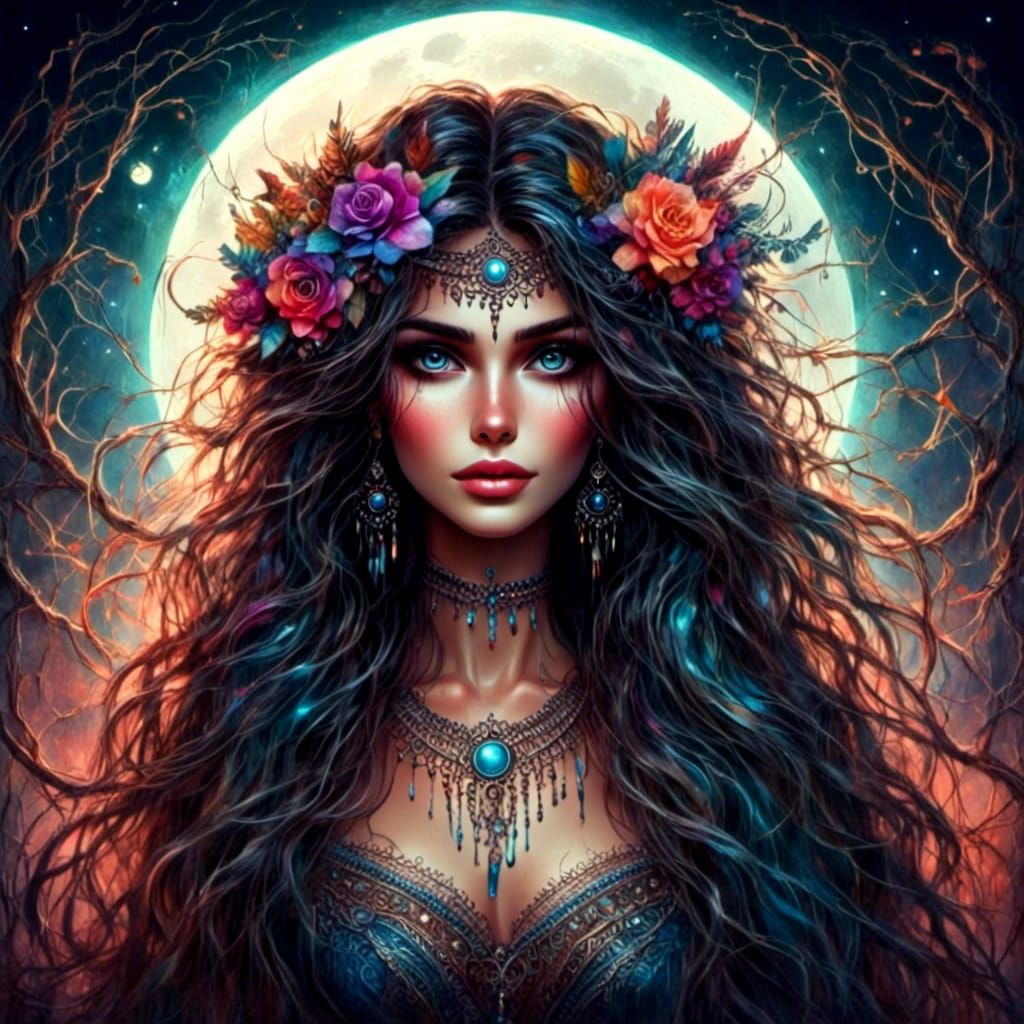 Watercolor Woman Under the Moon in Impressionist Style