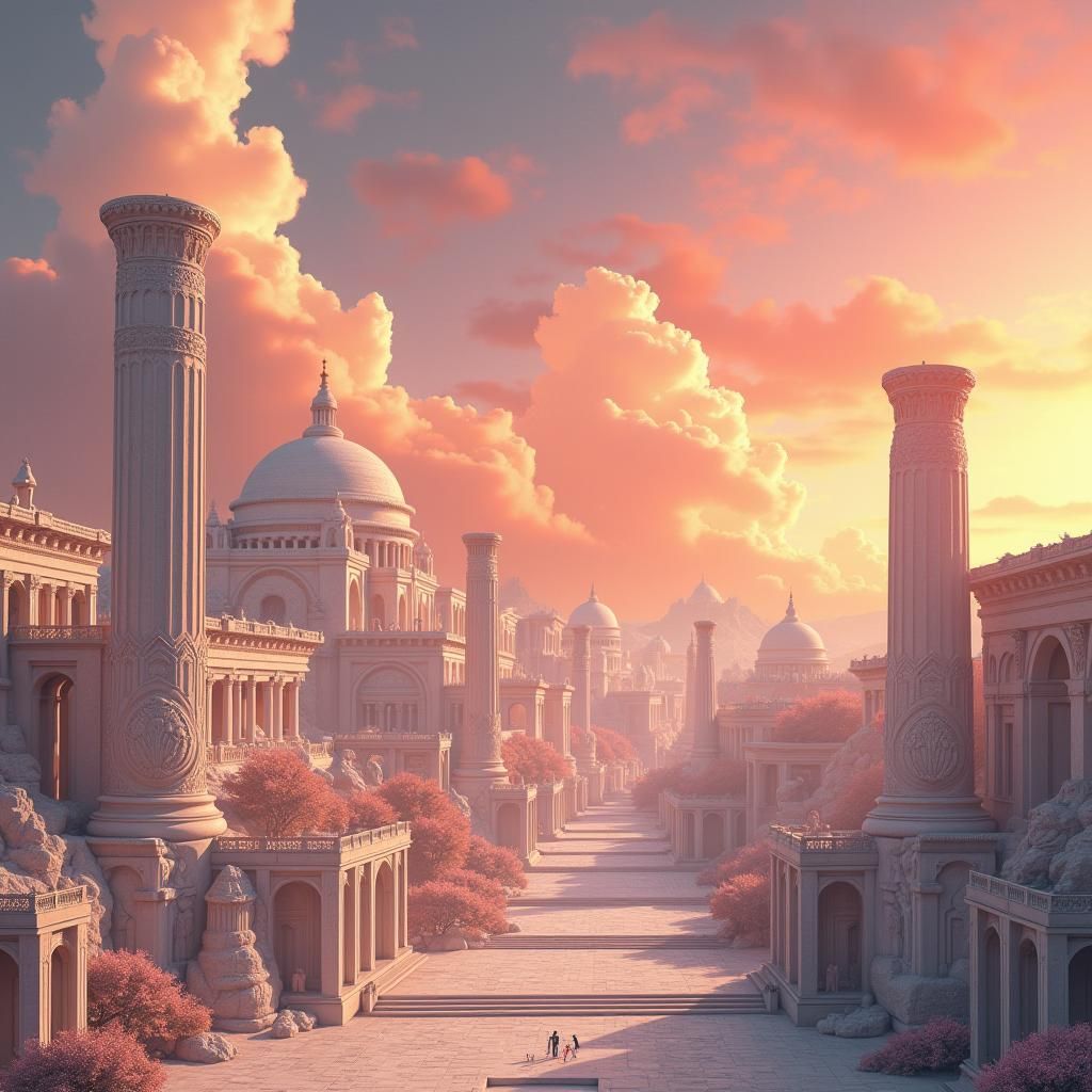 Greek City Sunset: Matte Painting in Dreamlike Style