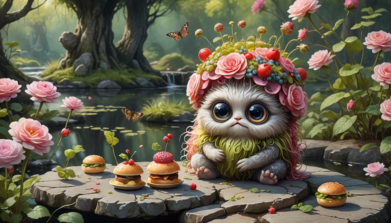 Cute Fluffy Creature Enjoys a Mini Hamburger