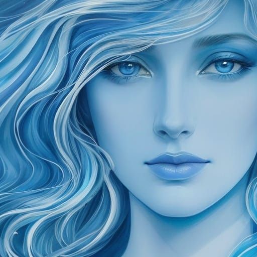 Serene Blue Portrait of a Beautiful Woman in Watercolor Styl...