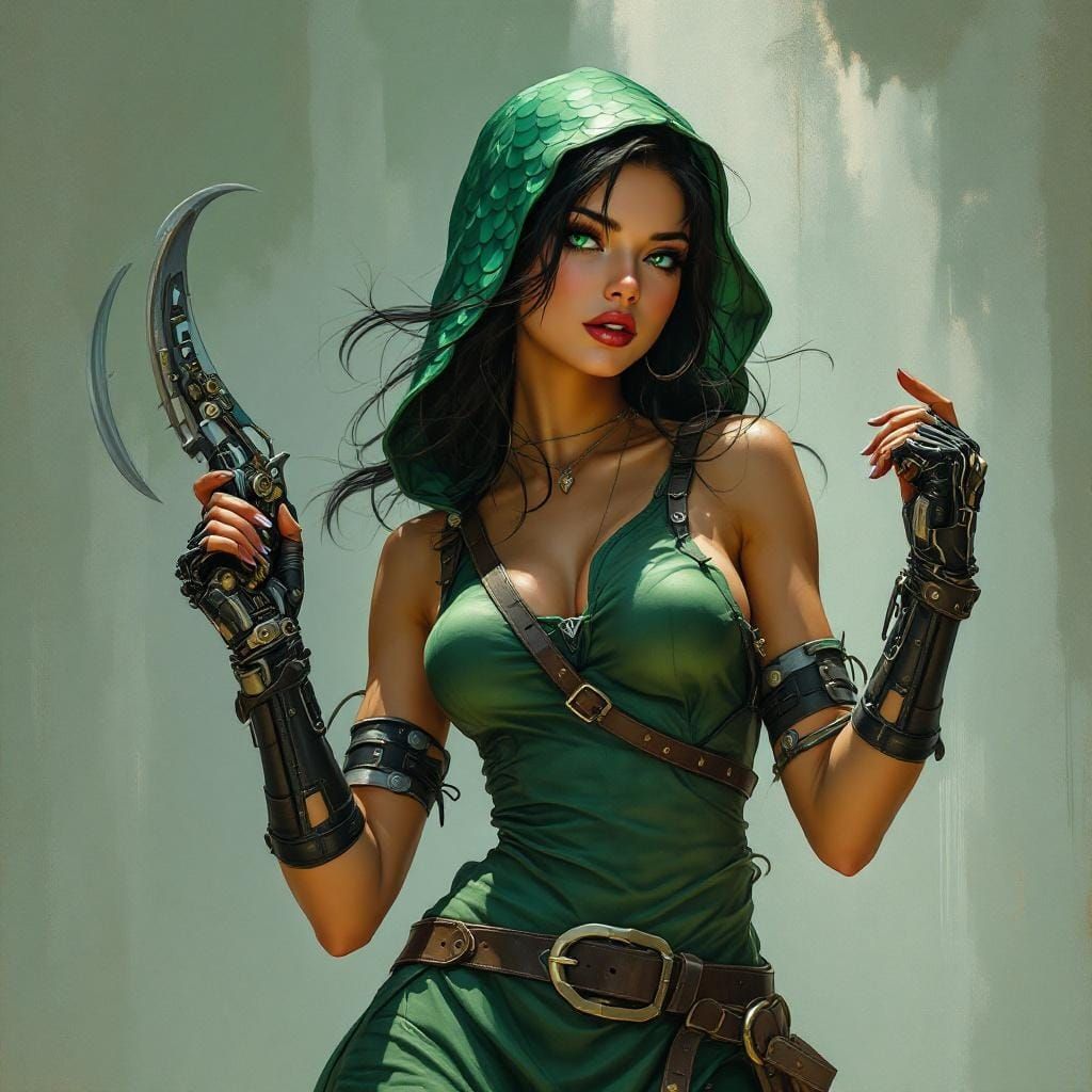 Stealthy Emerald-Eyed Rogue in Solarpunk Pin-Up Style