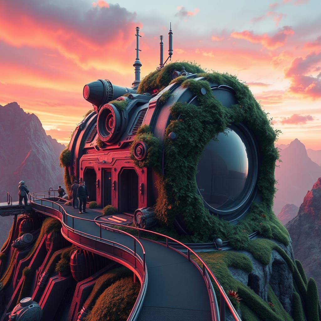 Futuristic Mountain Refuge in Gradient Skies