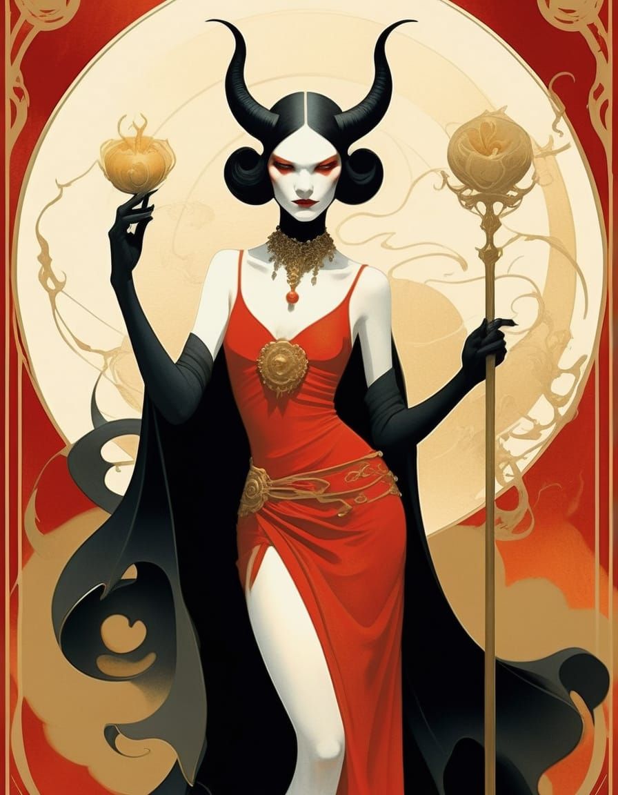 The Devil Tarot Card Illustration in Red, Gold, White, and B...