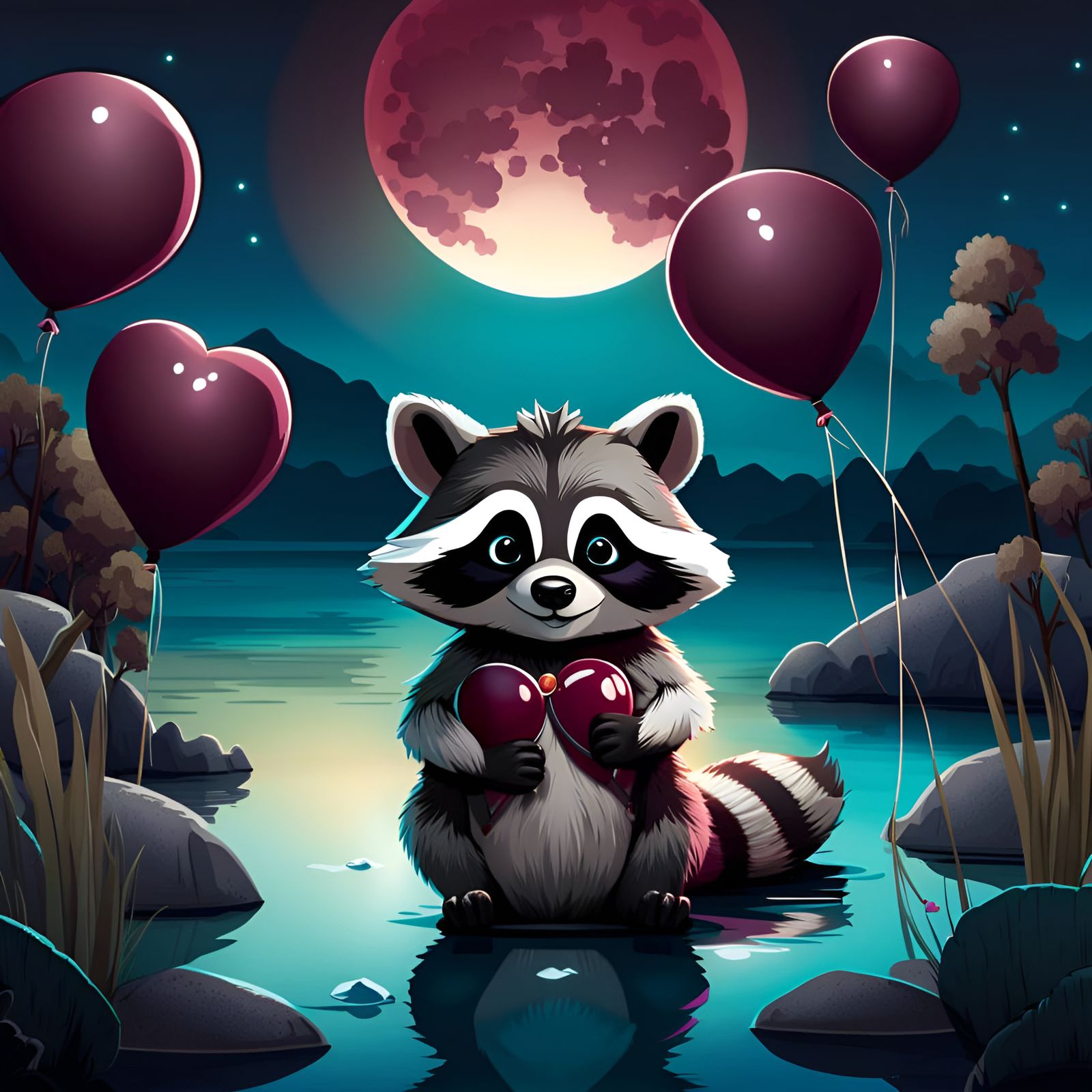 Cartoon Raccoon with Maroon Balloon in Lagoon