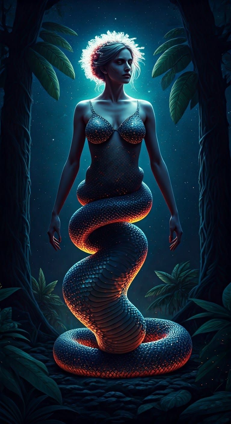 Divine Naga Woman in Starry Etherpunk Forest