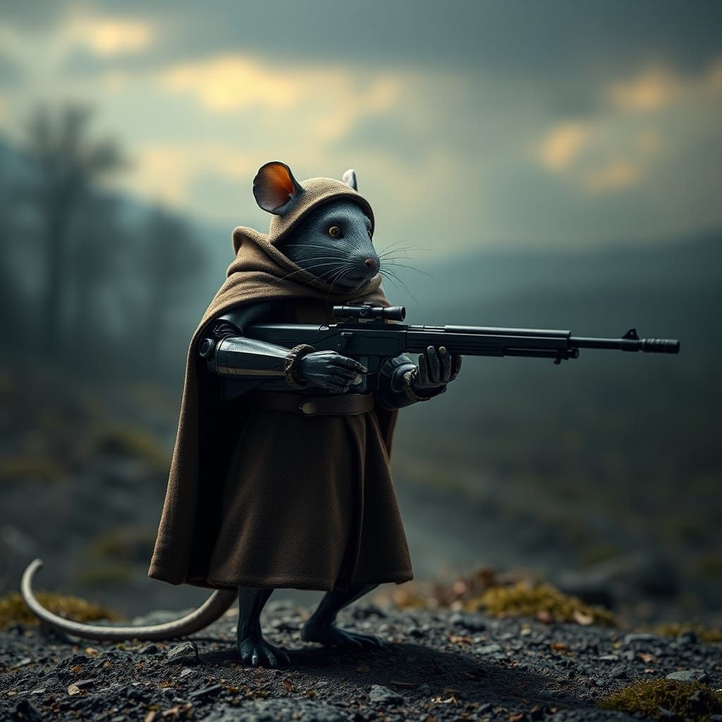 Armored Rat Knight in War-Torn Landscape