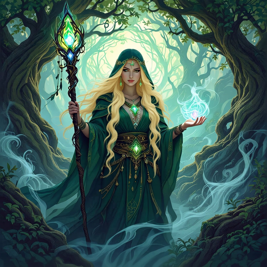 Celtic Druidess in Mystical Grove, Art Nouveau Style