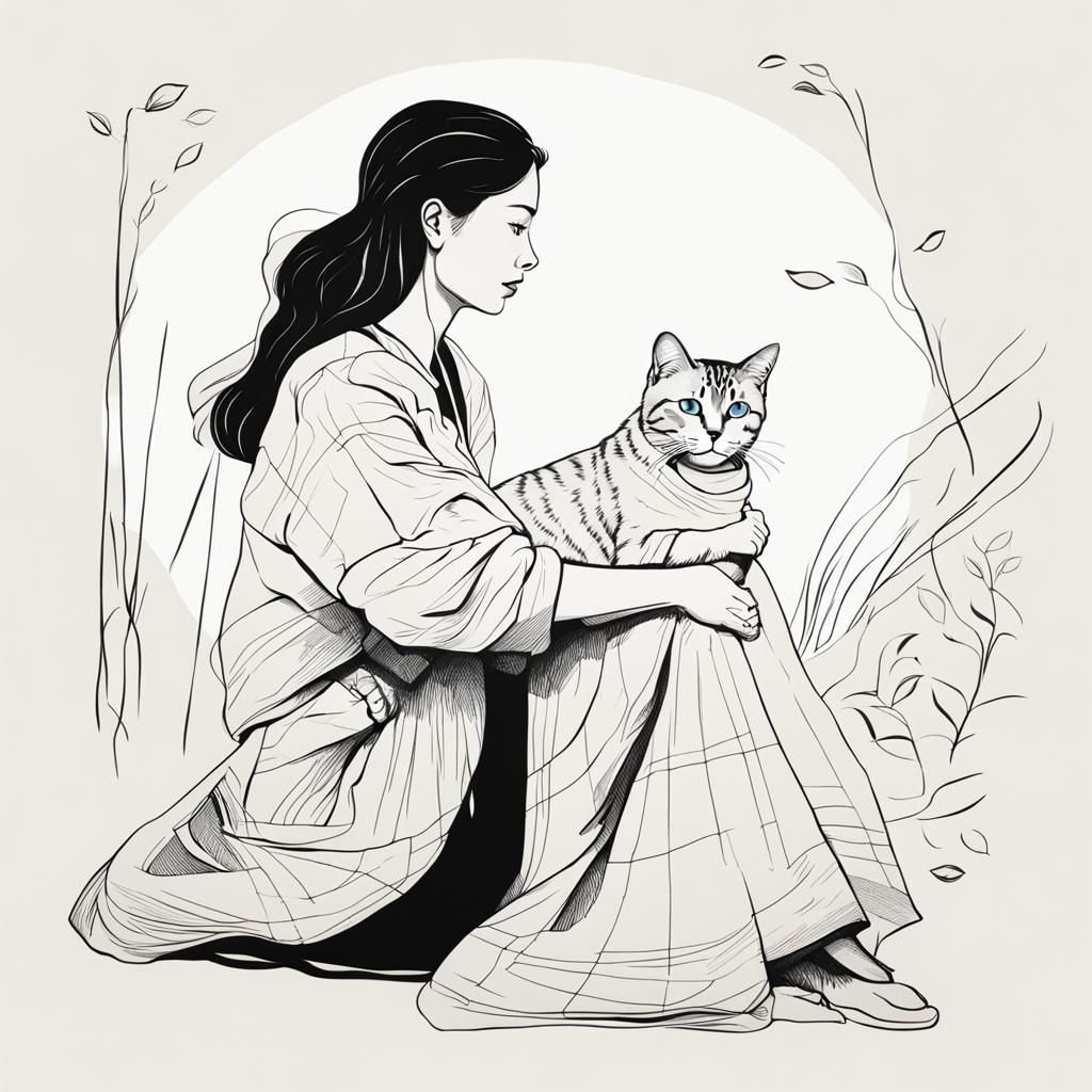 Simple Line Drawing of Woman with Cat