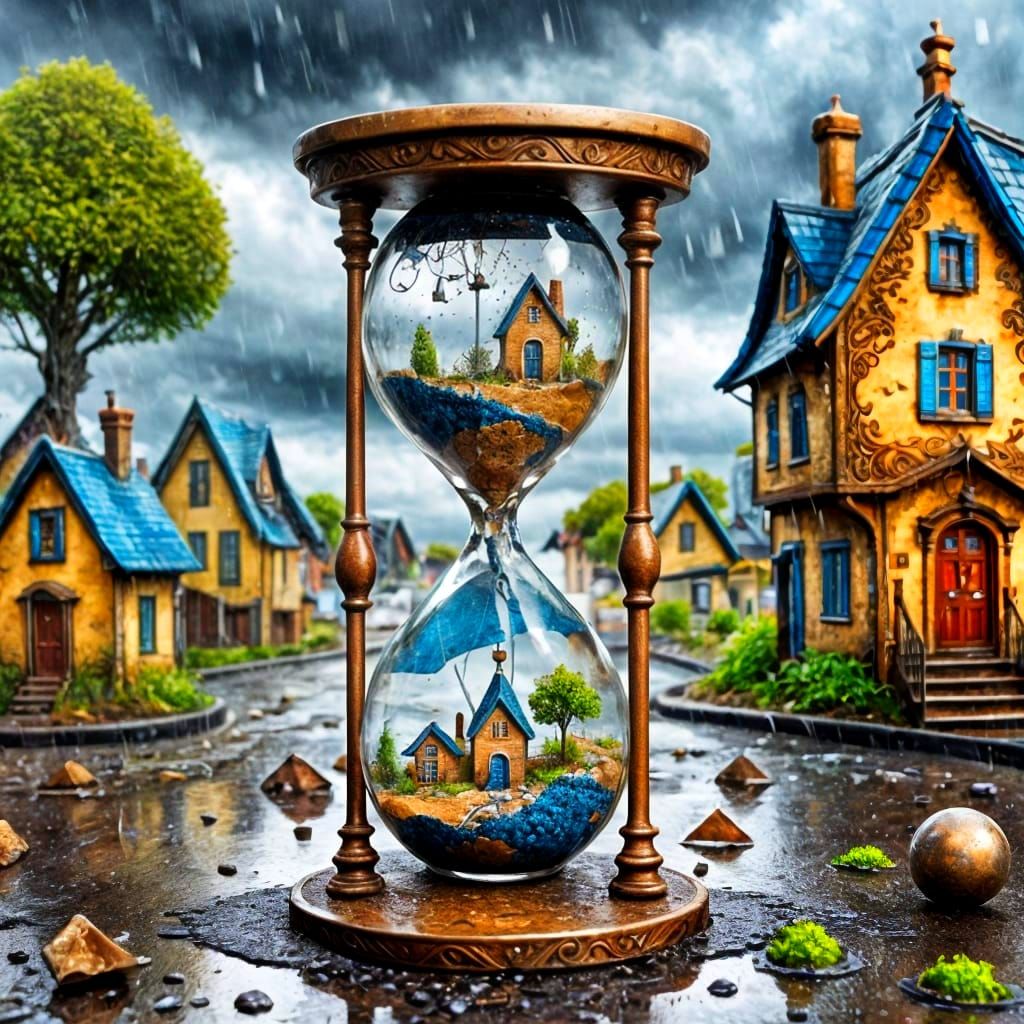 Microscopic World Inside Hourglass on Rainy Day