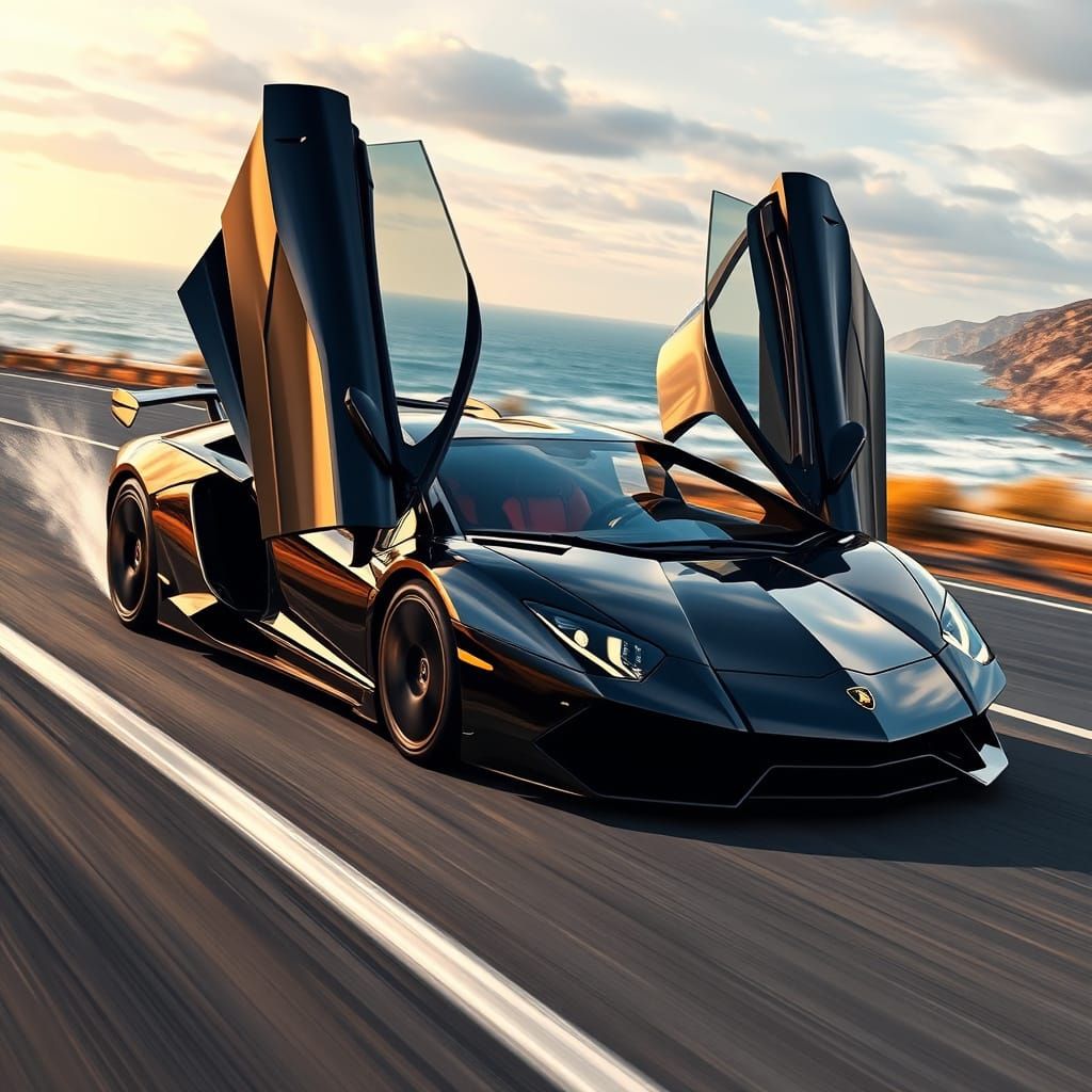 Lamborghini on Coastal Road in Hyperrealistic Style