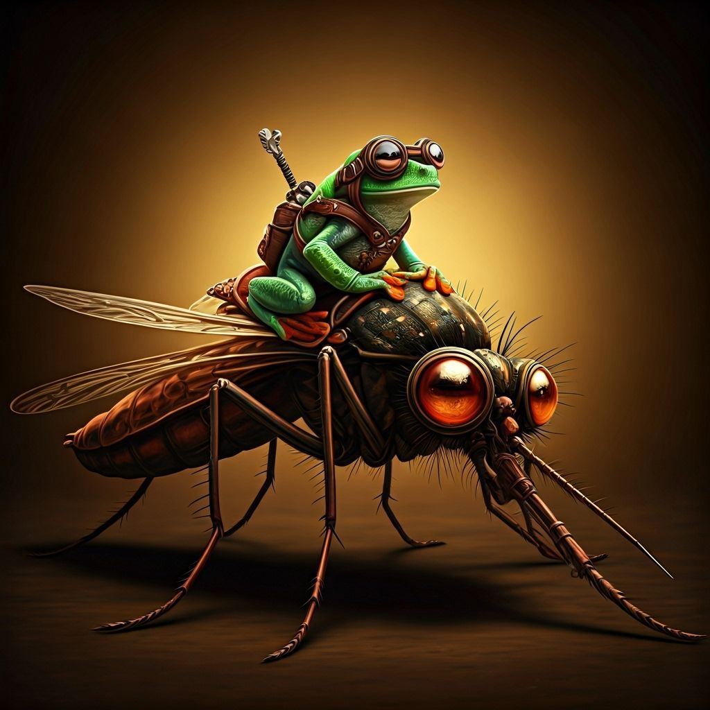 Tree Frog Rides Steampunk Mosquito with Aviator Goggles